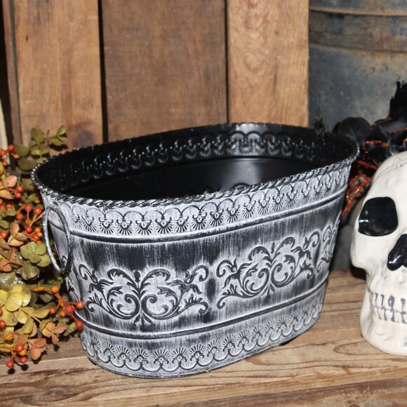 NEW Ornate Black & White French Country Gothic Halloween Metal Bucket w/Handles - Picture 2 of 9